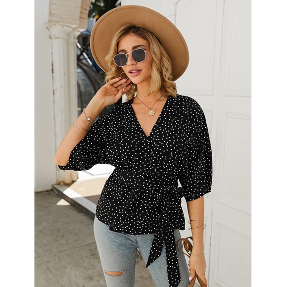 Polka Dot V-Neck Wrap Belted Black Top - Picture 5 of 8